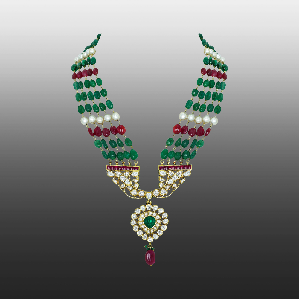 Multistrand Emerald Necklace with Polki Pendant and Ruby Drop